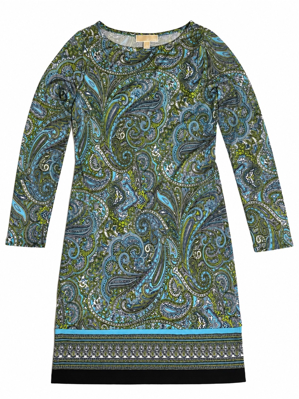 Michael Kors Paisley Sheath Dress Blue Green Border Print Stretch Size Small
